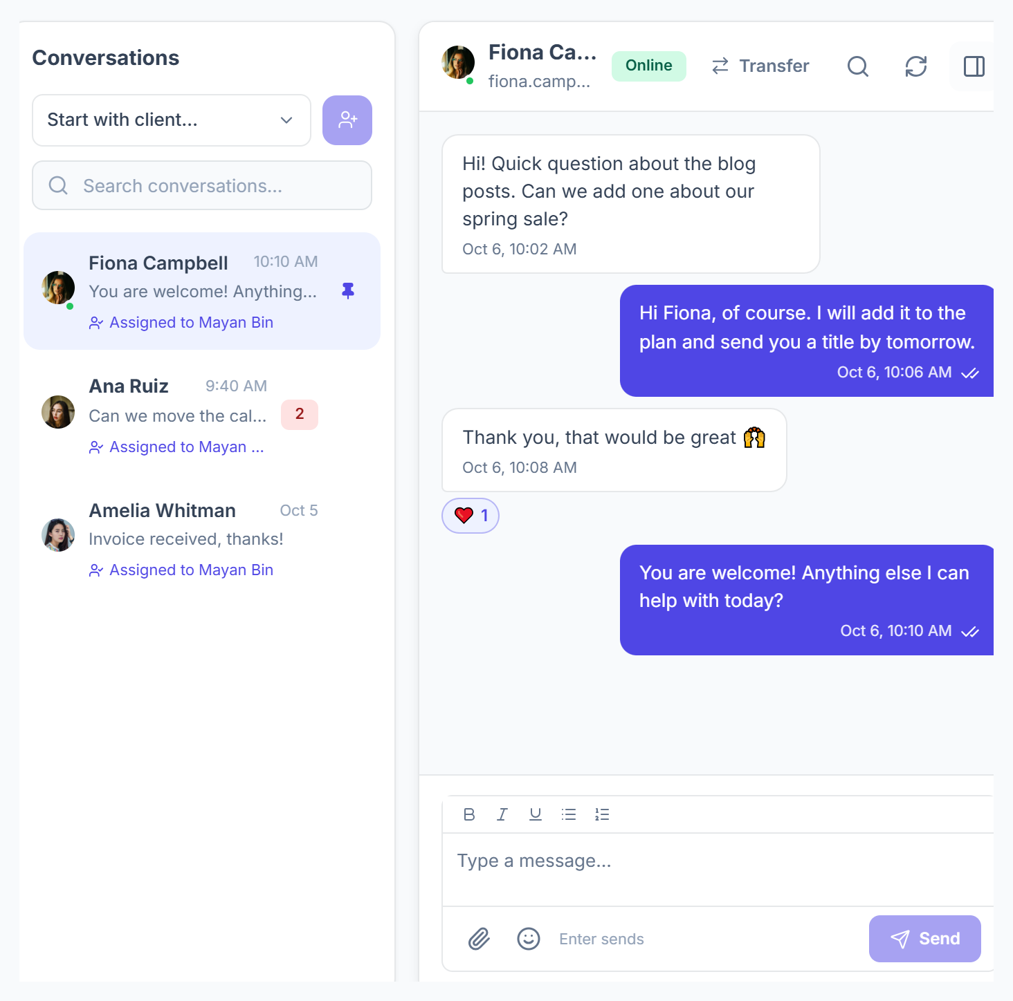 Live Chat inbox with conversations, a pinned chat and the conversation with read ticks