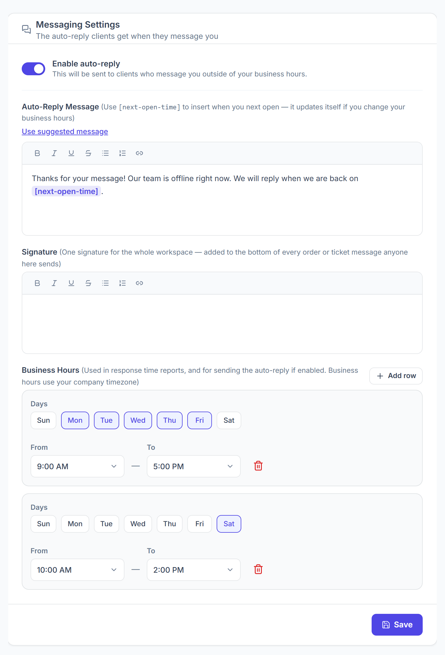 Messaging Settings with auto-reply, message, signature and business hours