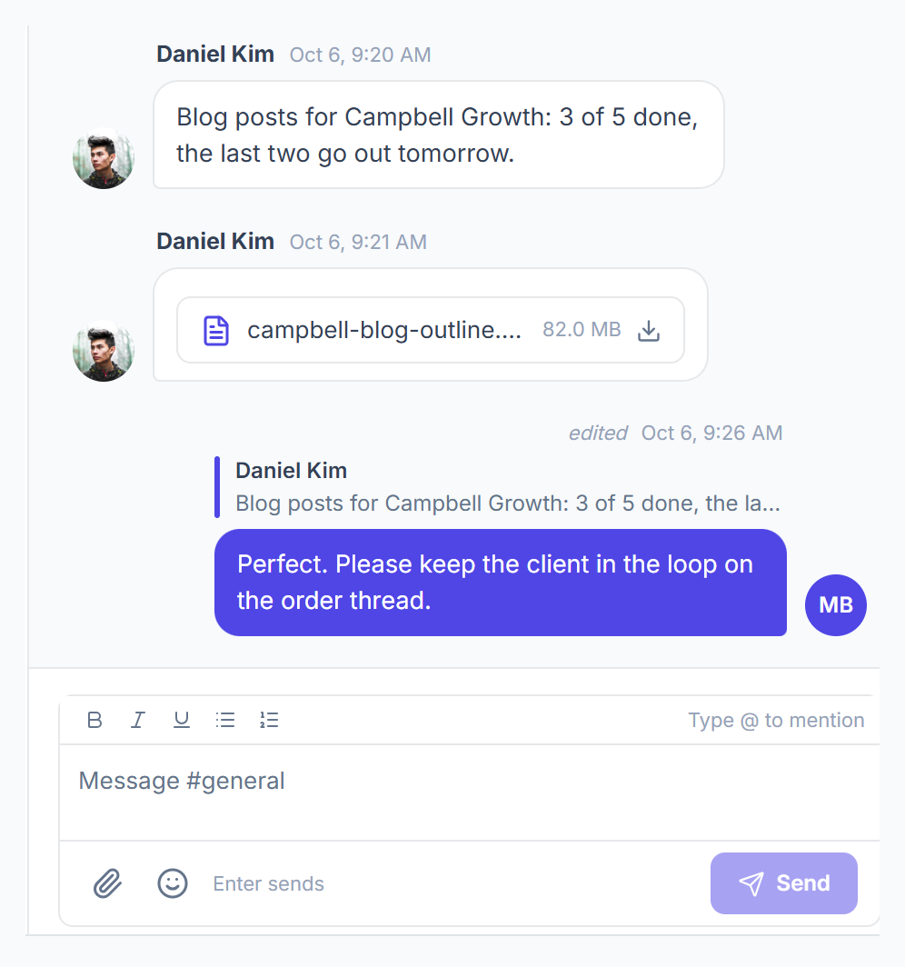 Messages with a file, a quoted reply and the message box with formatting, attach and emoji