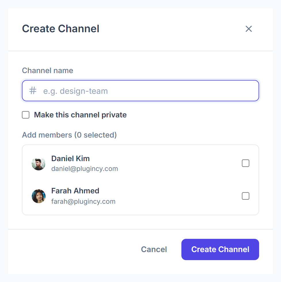 Create Channel window with name, private option and members