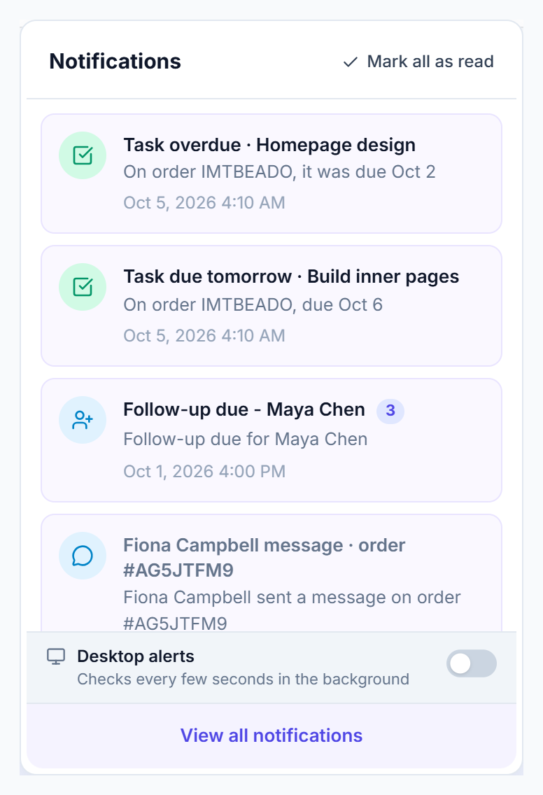 Notifications dropdown with Mark all as read, Desktop alerts and View all notifications