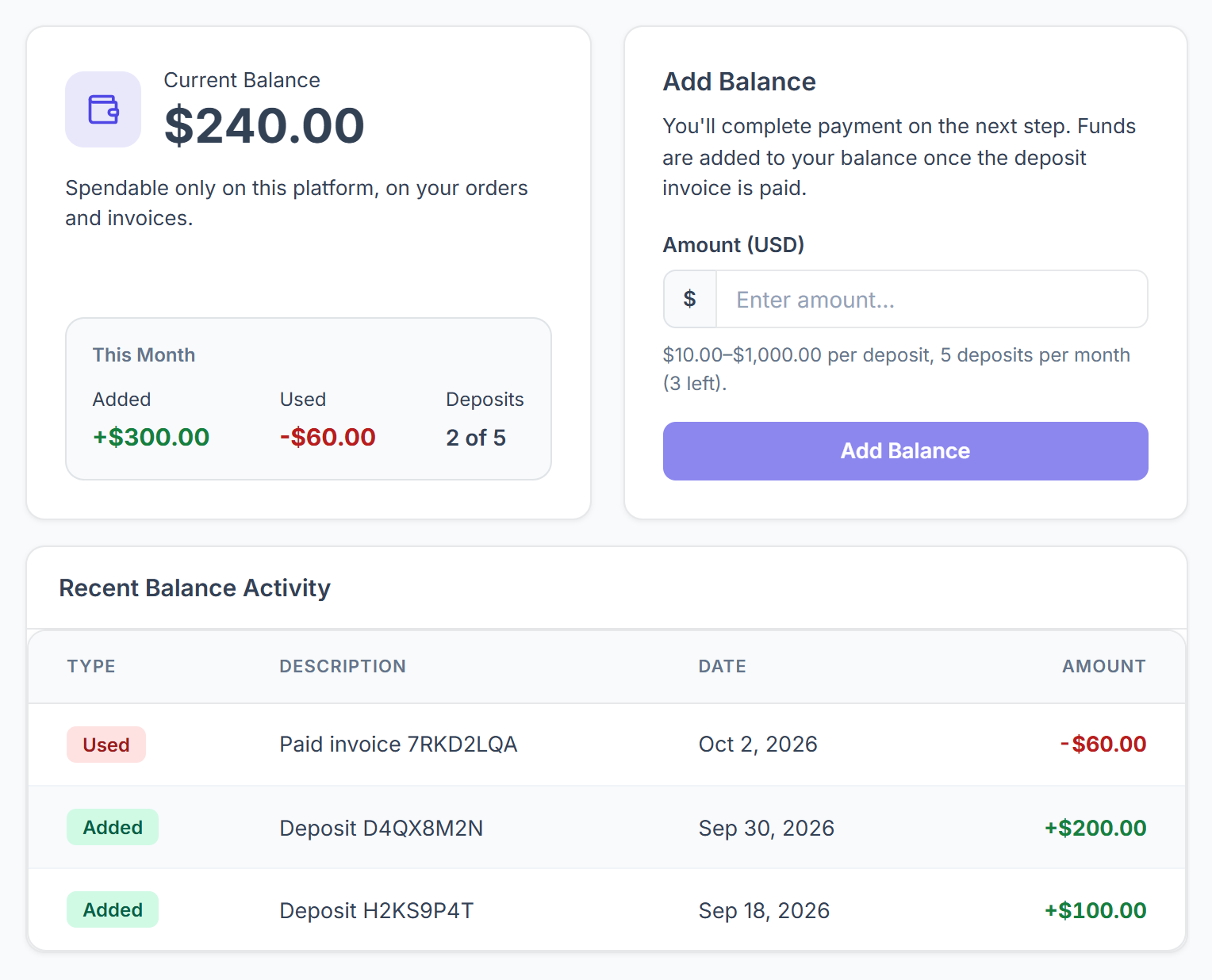 Account Balance page with current balance, this month, Add Balance and recent activity