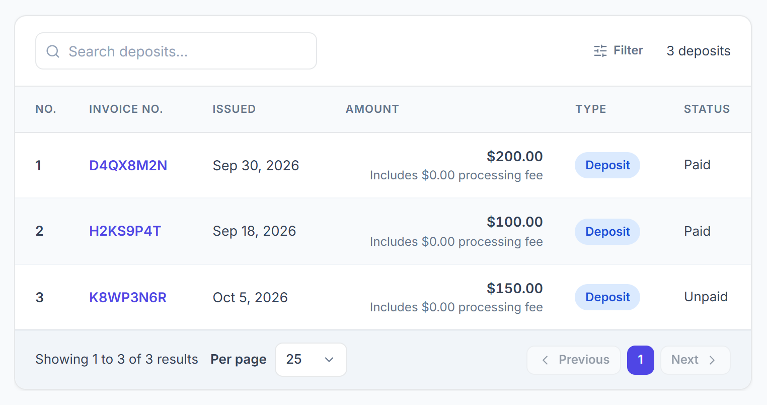 Deposits list with invoice number, date, amount, type and status
