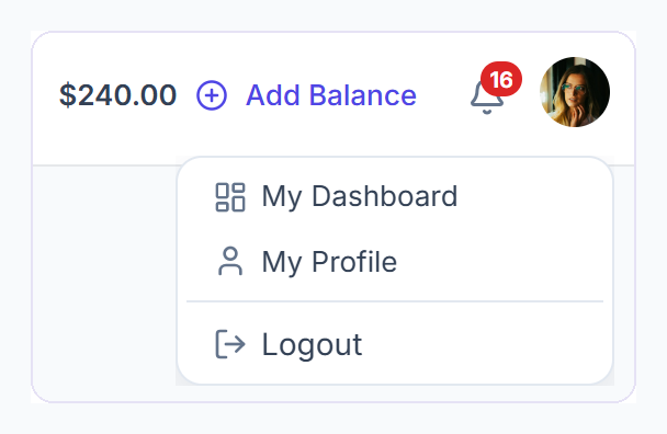 Portal header with account balance, Add Balance, notification bell and the profile menu