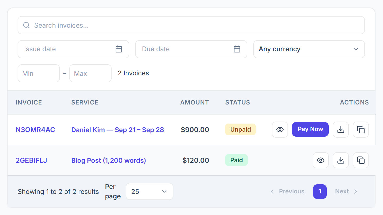 Client invoices list with filters, status and Pay Now
