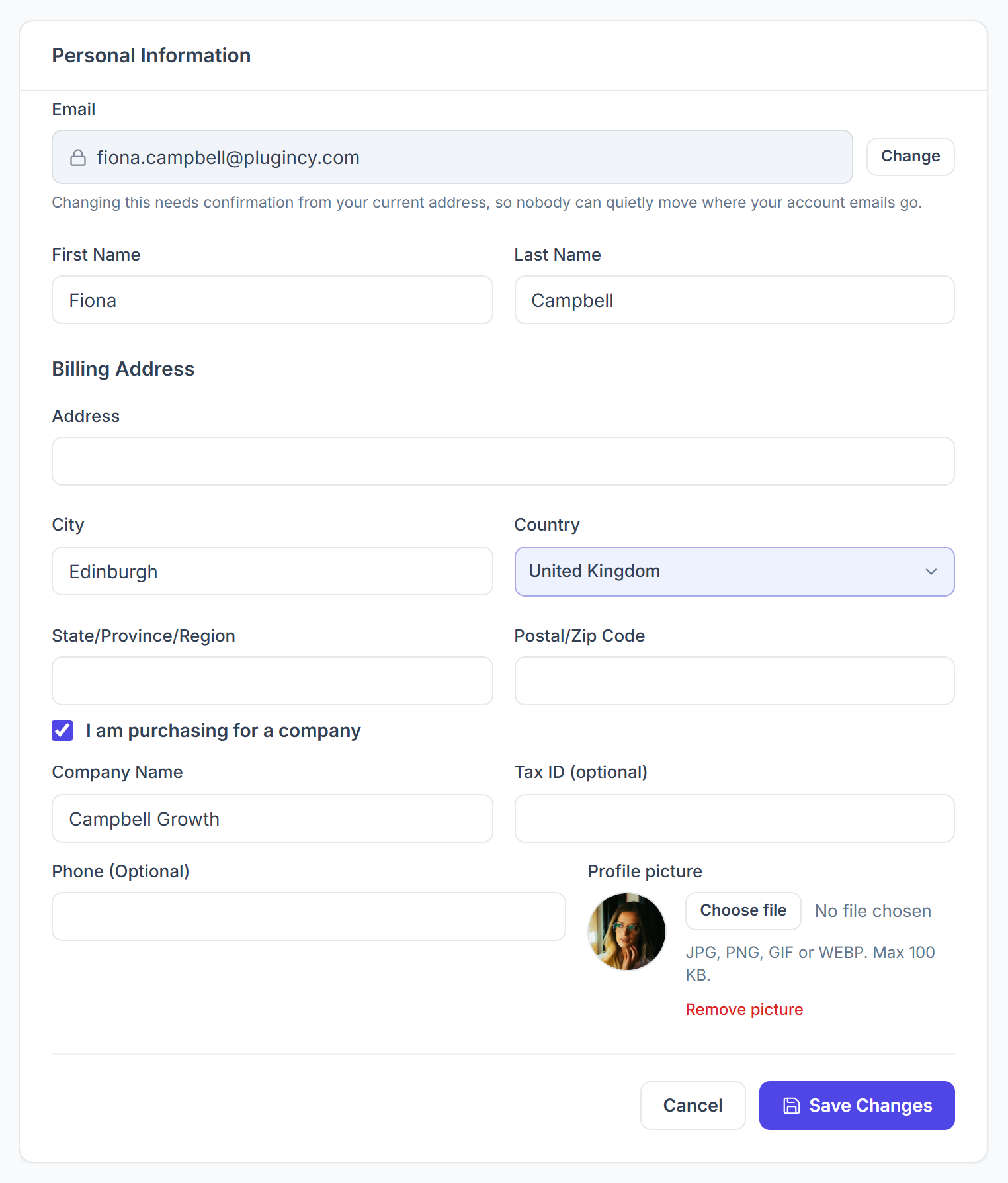 My Profile form with email, name, billing address, company and profile picture