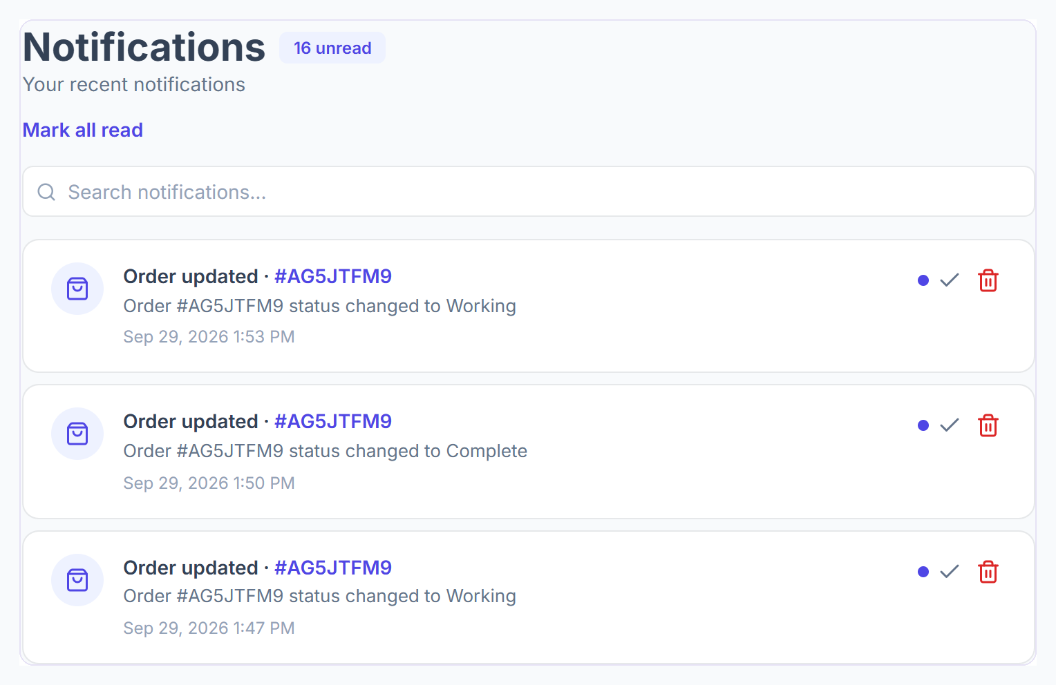 Portal Notifications page with Mark all read and order updates