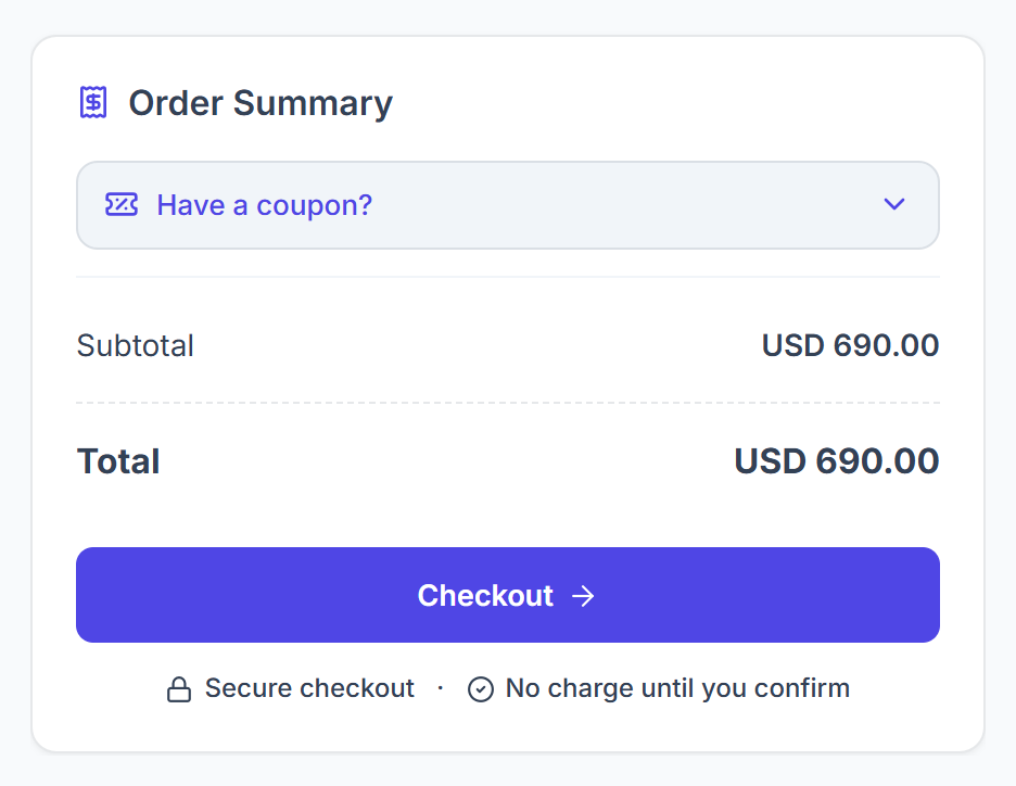 Cart order summary with coupon, subtotal, total and Checkout