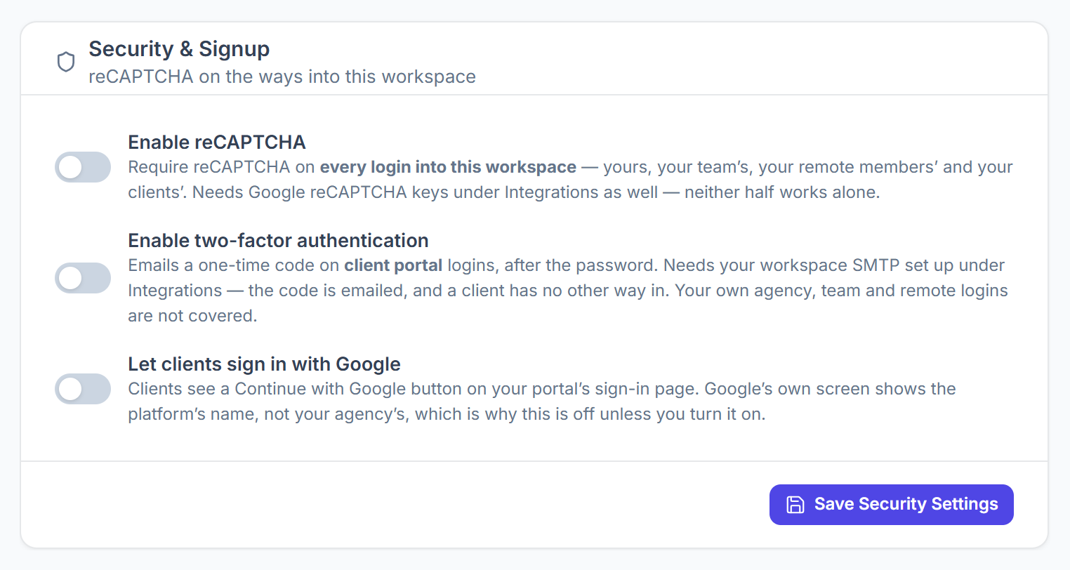 Security and Signup settings: reCAPTCHA, two-factor authentication and Google sign-in for clients