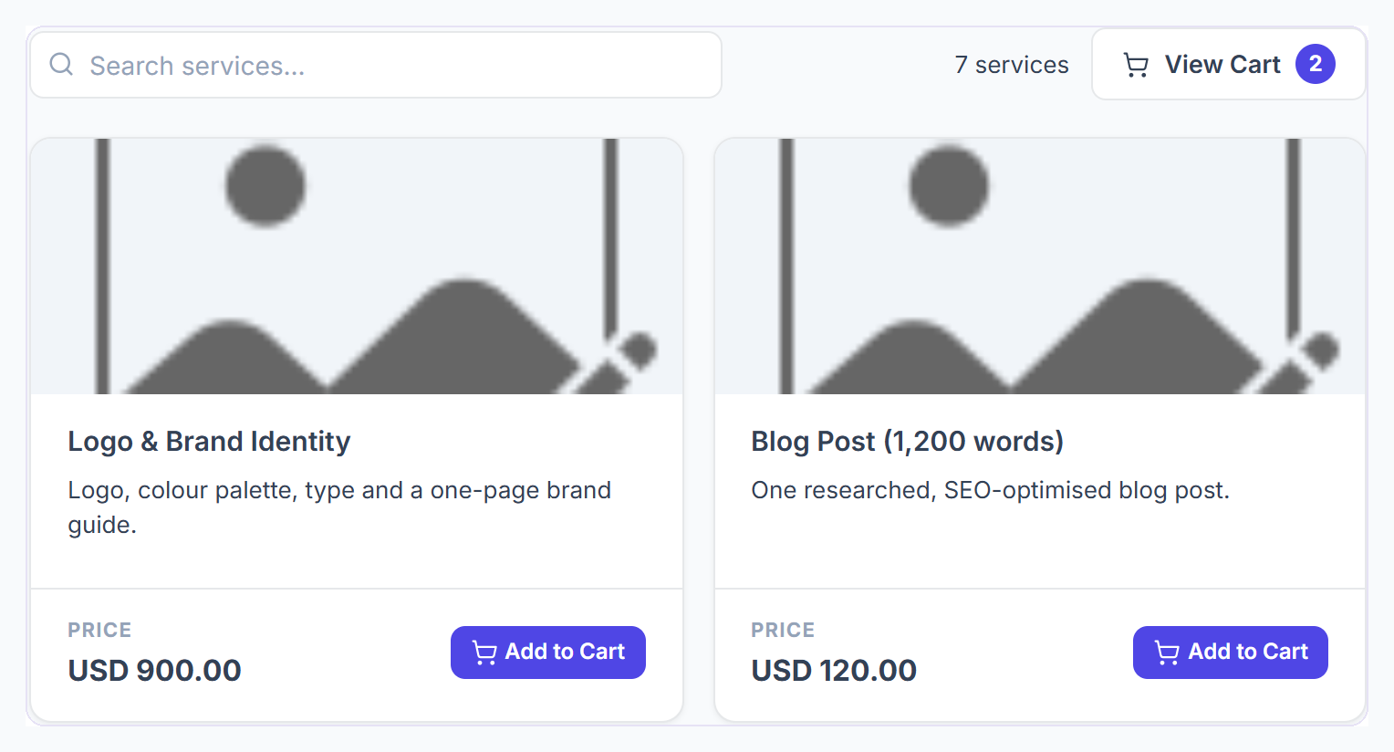 Services page with search, View Cart and service cards with Add to Cart