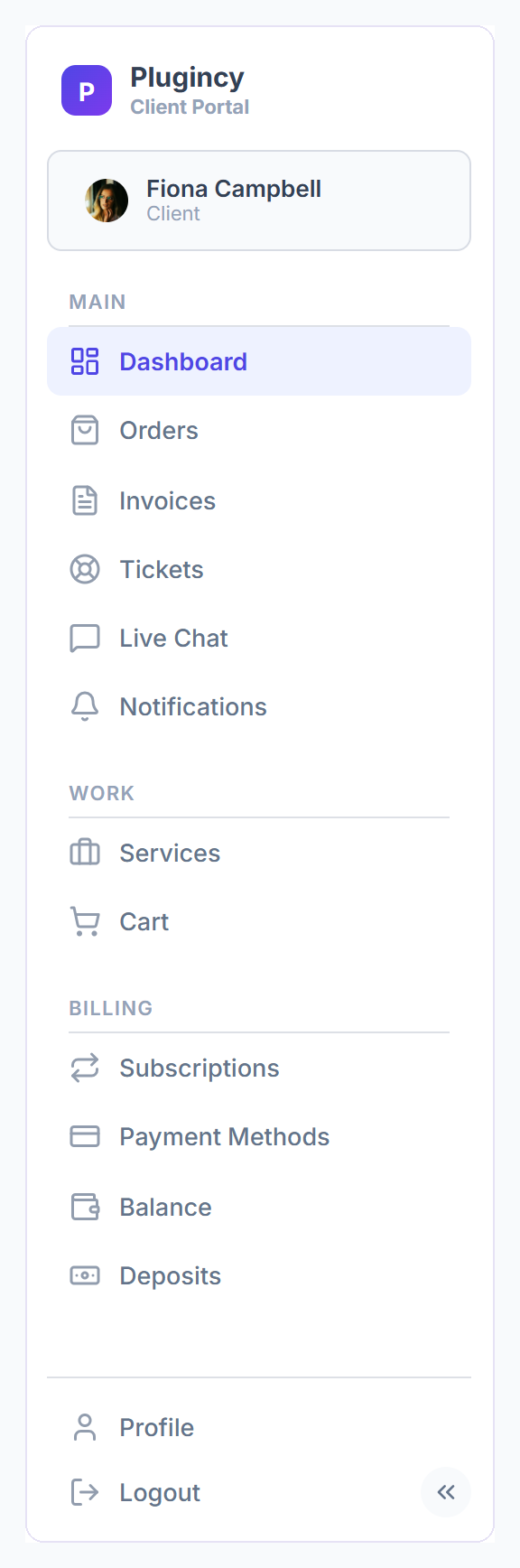 Client portal sidebar with Main, Work and Billing menus, Profile and Logout