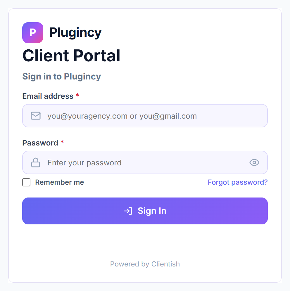 Client Portal sign-in page with email, password, Remember me and Forgot password
