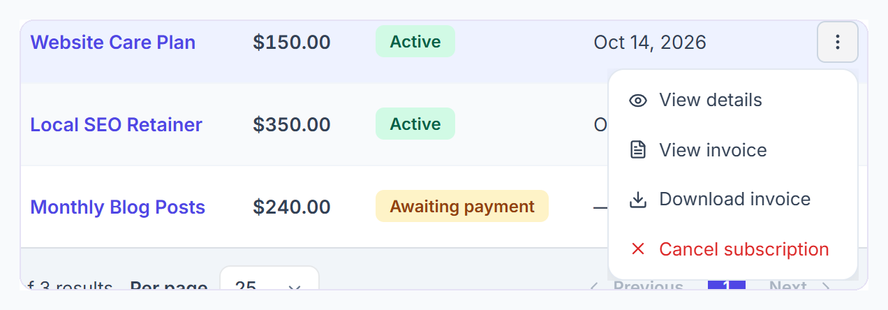 Subscription actions menu: View details, View invoice, Download invoice and Cancel subscription