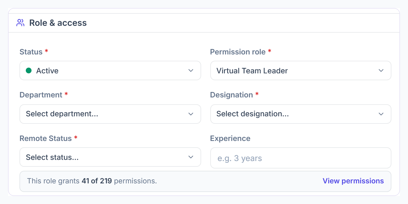 Add remote member, Role & access: status, permission role, department, designation and remote status