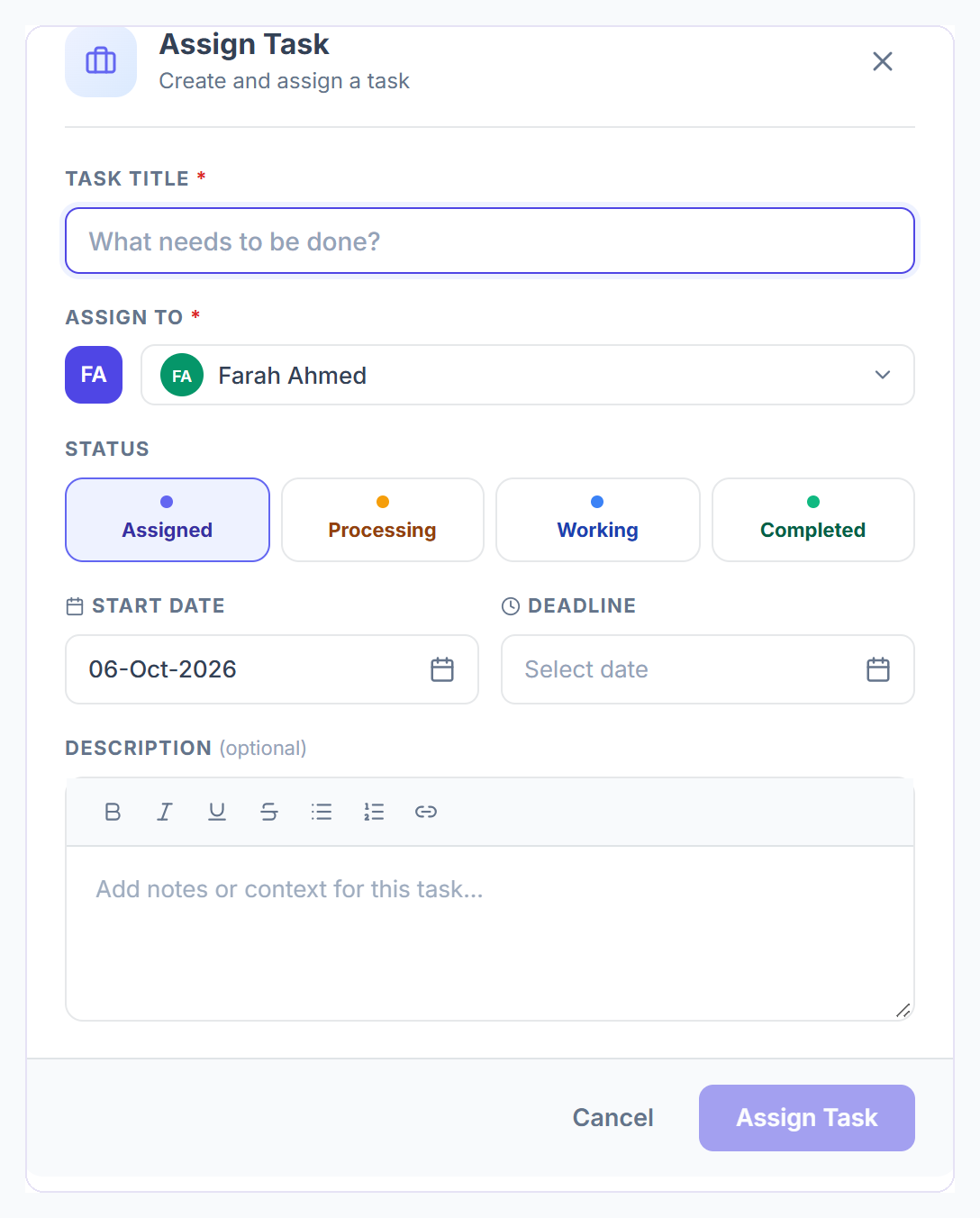 Assign Task window: title, assign to, status, start date, deadline and description