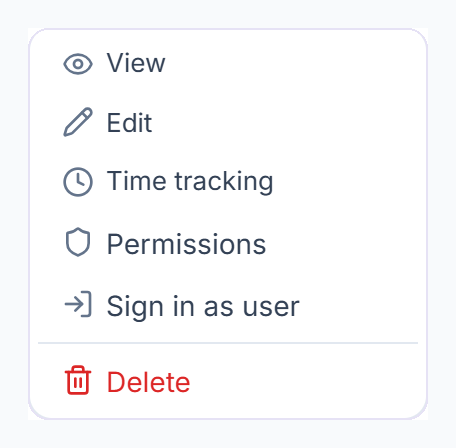 Remote member menu with View, Edit, Time tracking, Permissions, Sign in as user and Delete