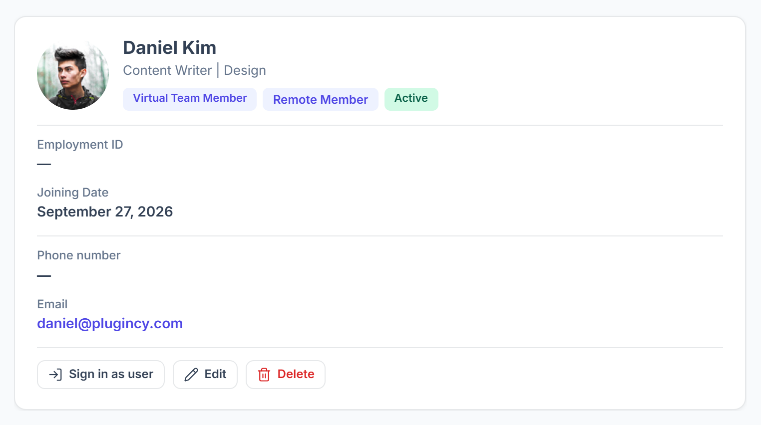 Remote member page with role, status and Sign in as user, Edit and Delete