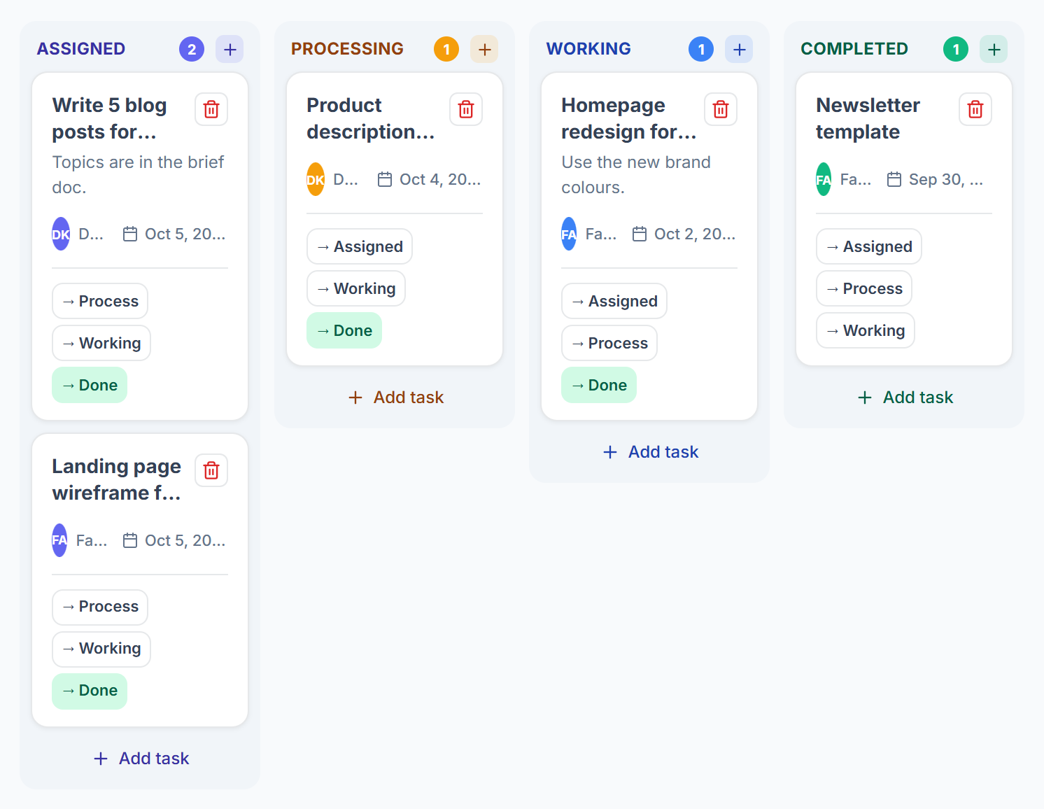 Assign Task board with Assigned, Processing, Working and Completed columns