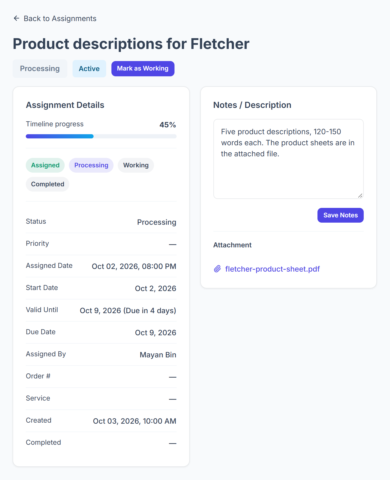 Assignment detail with status and due badges, Mark as Working button, timeline progress, status flow, details, notes and attachment