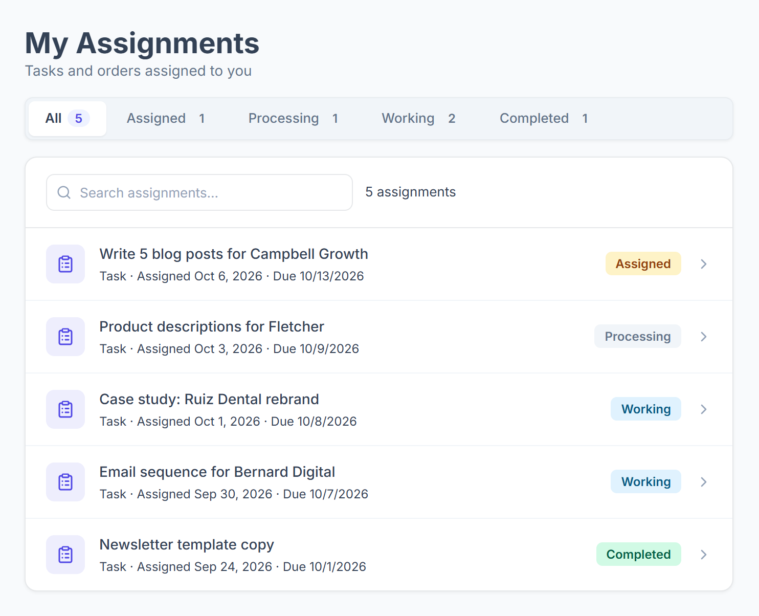 My Assignments page with All, Assigned, Processing, Working and Completed tabs, a search box and the list of assigned tasks