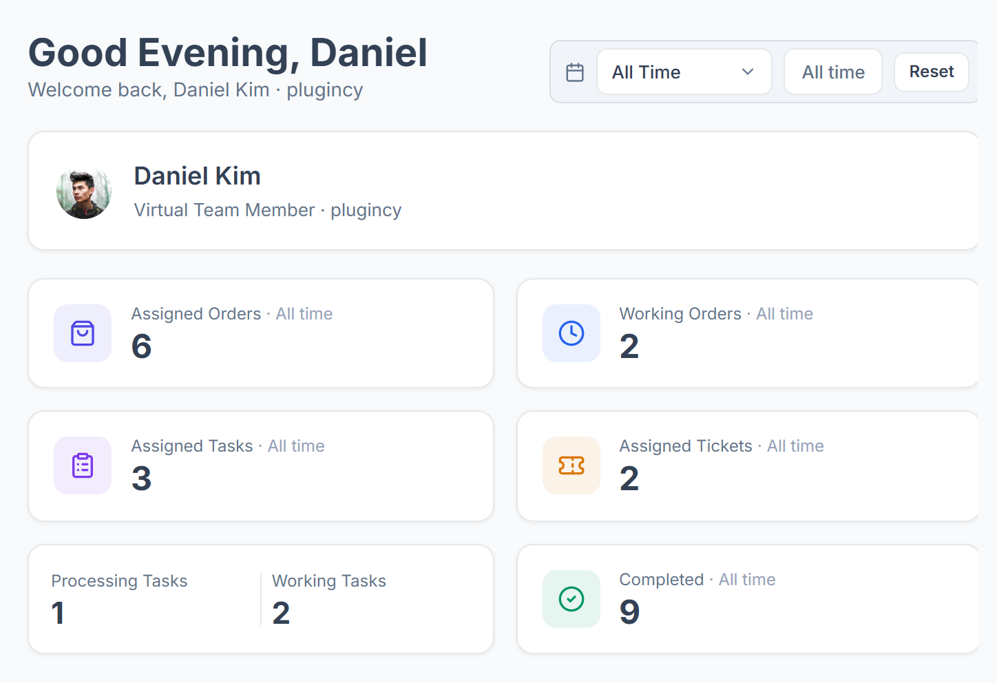 Remote dashboard greeting, date filter, profile card and the Assigned Orders, Working Orders, Assigned Tasks, Assigned Tickets, Processing, Working and Completed cards