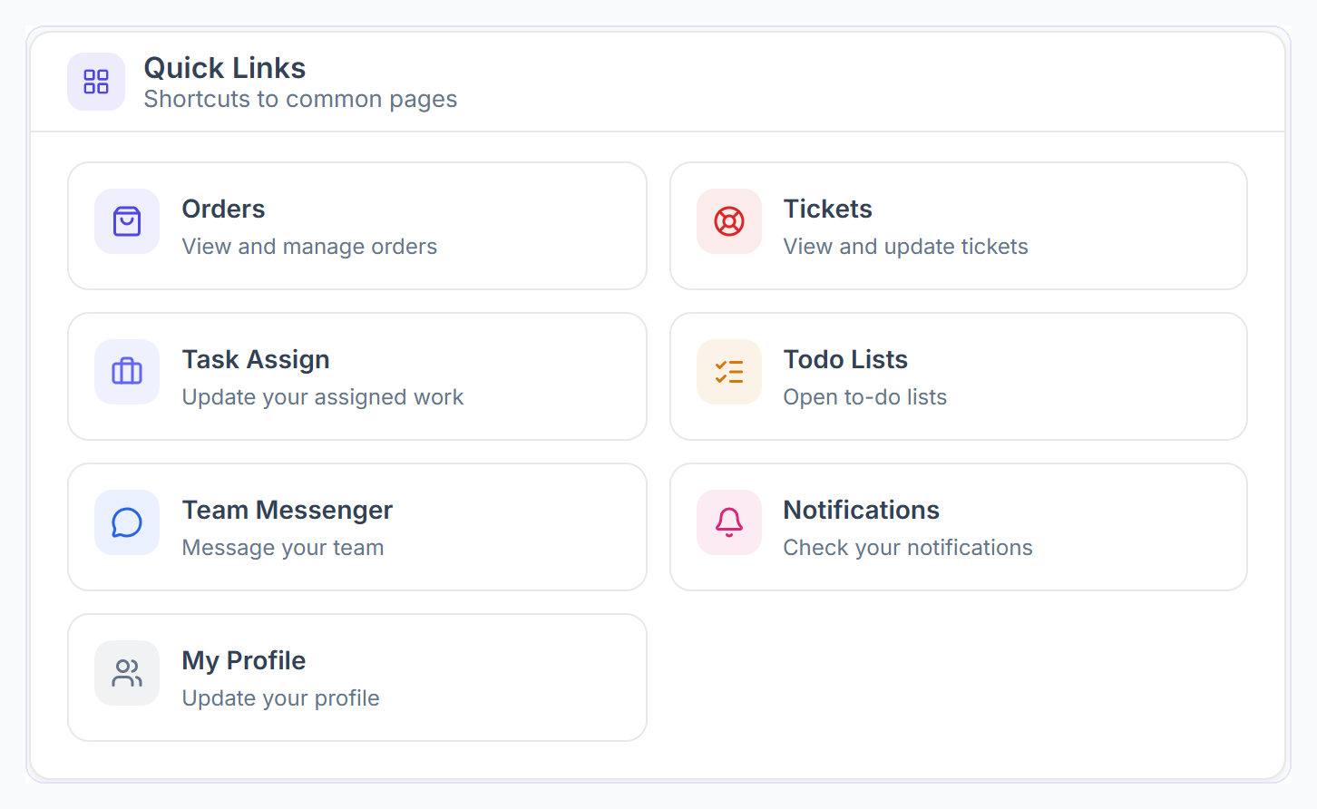 Quick Links card with shortcuts to Orders, Tickets, Task Assign, Todo Lists, Team Messenger, Notifications and My Profile