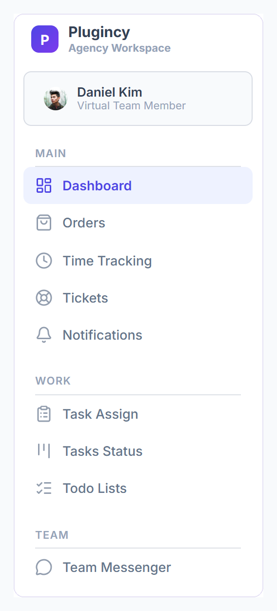 Remote dashboard sidebar with the agency name, the member's name and role, and MAIN, WORK and TEAM menus