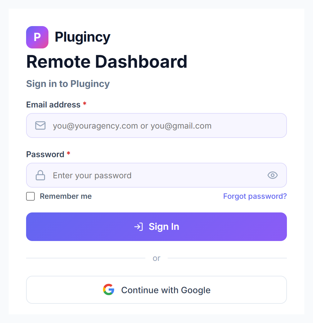 Remote Dashboard sign-in page with email, password, Remember me, Forgot password and Continue with Google