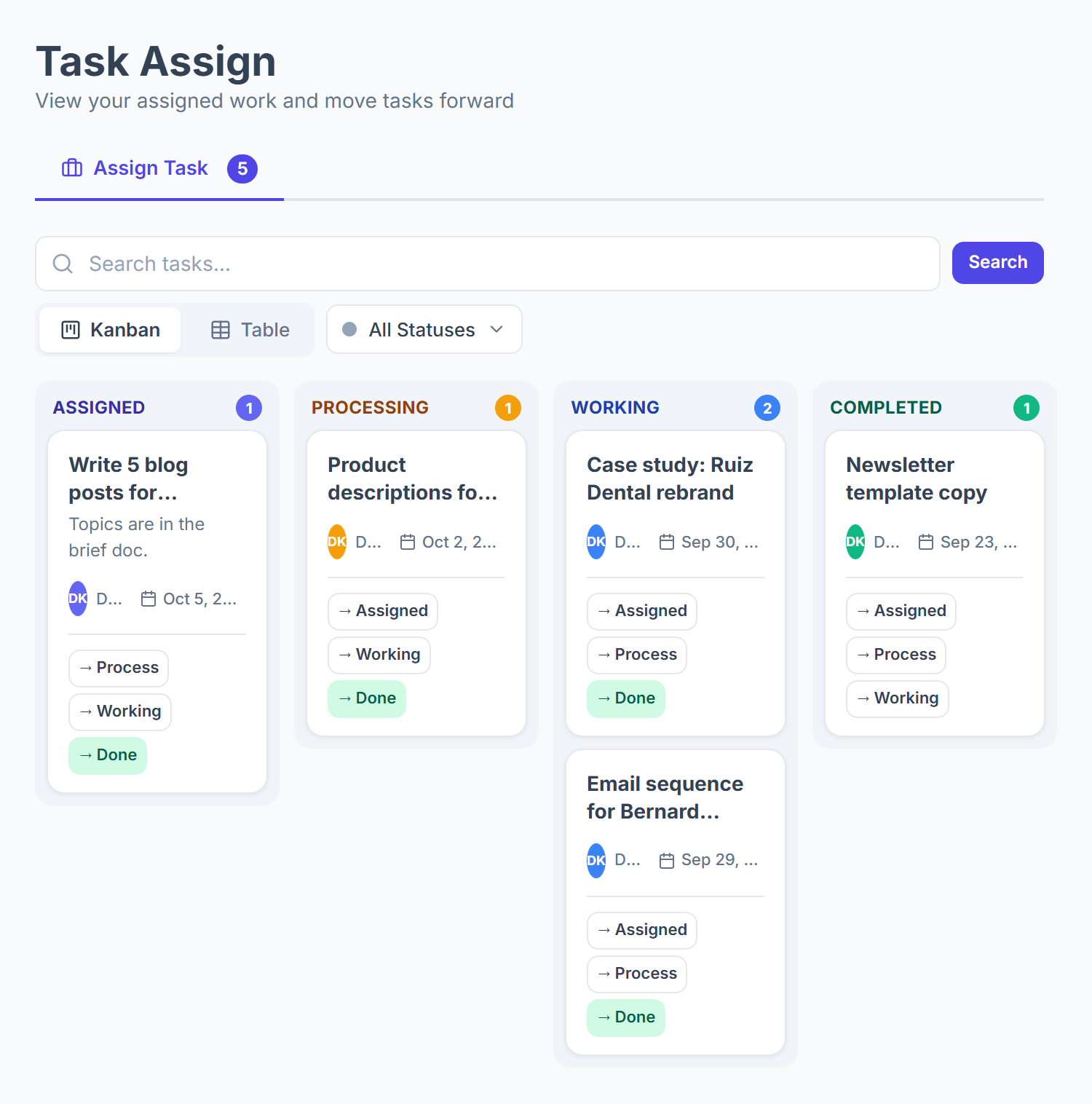 Task Assign board for a remote member with Assigned, Processing, Working and Completed columns and move buttons on each card