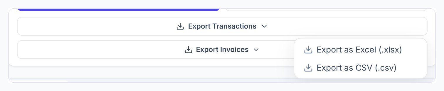 Export menu with Export as Excel (.xlsx) and Export as CSV (.csv)