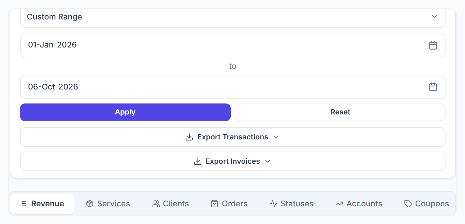 Reports date range, Apply and Reset, export buttons and the report tabs