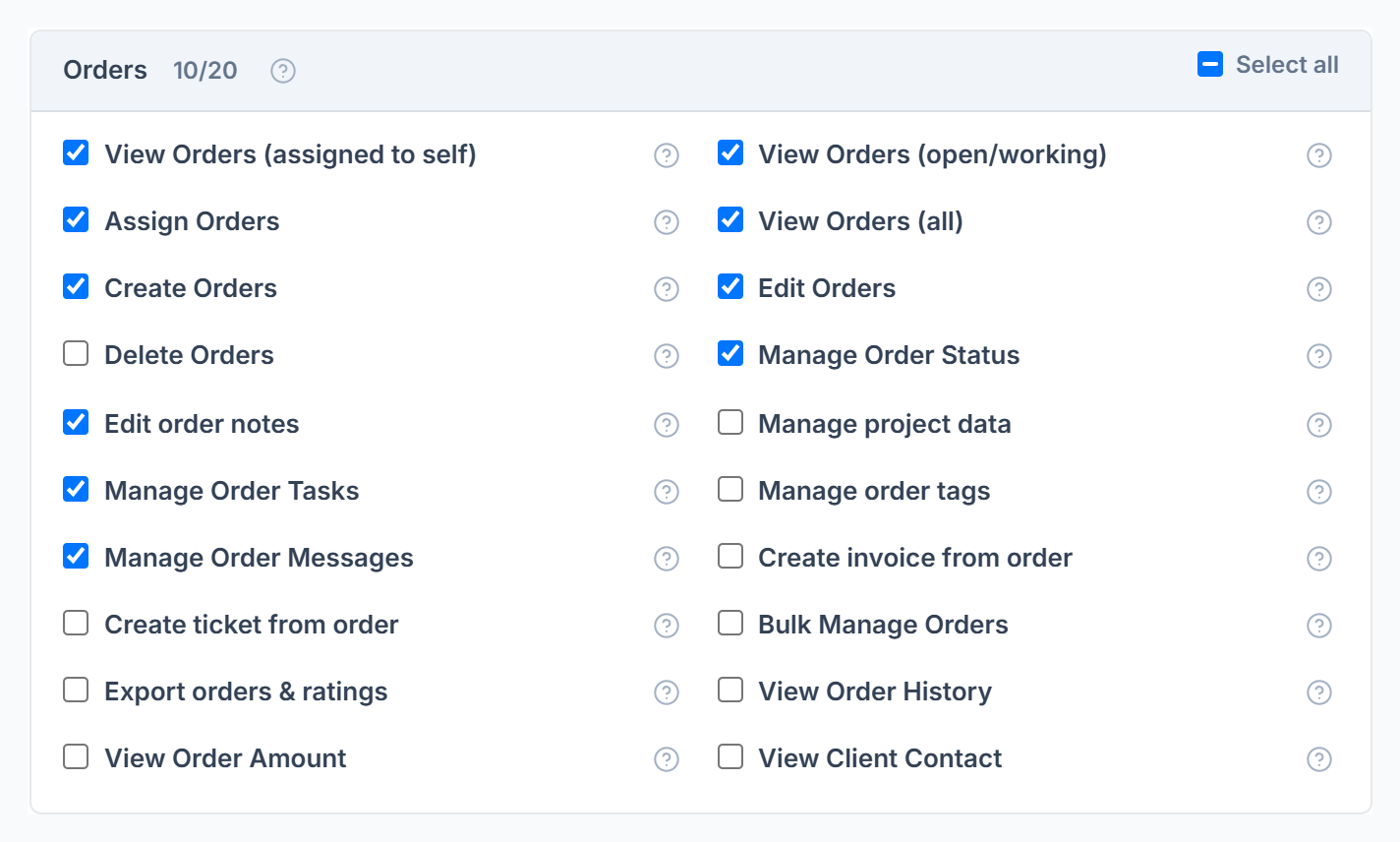 Orders permission group with its count, Select all and one checkbox per action