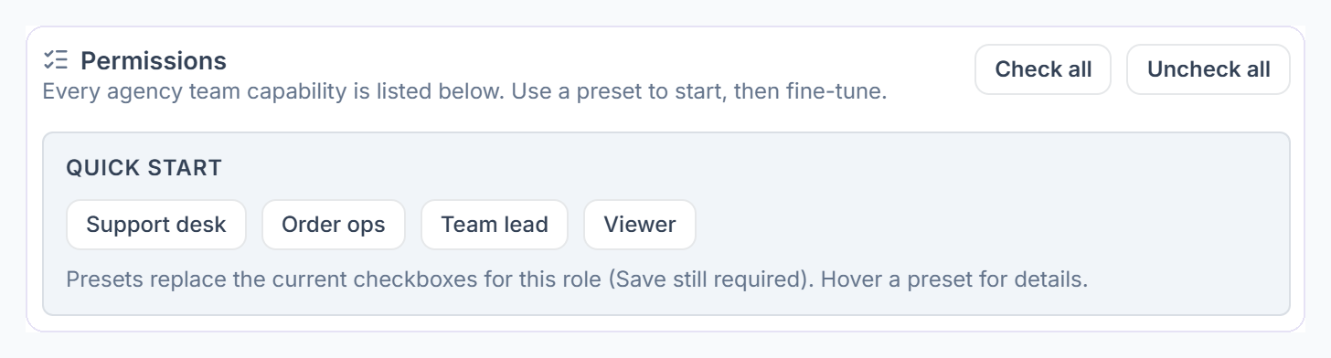 Permissions toolbar with Check all, Uncheck all and the Quick start presets
