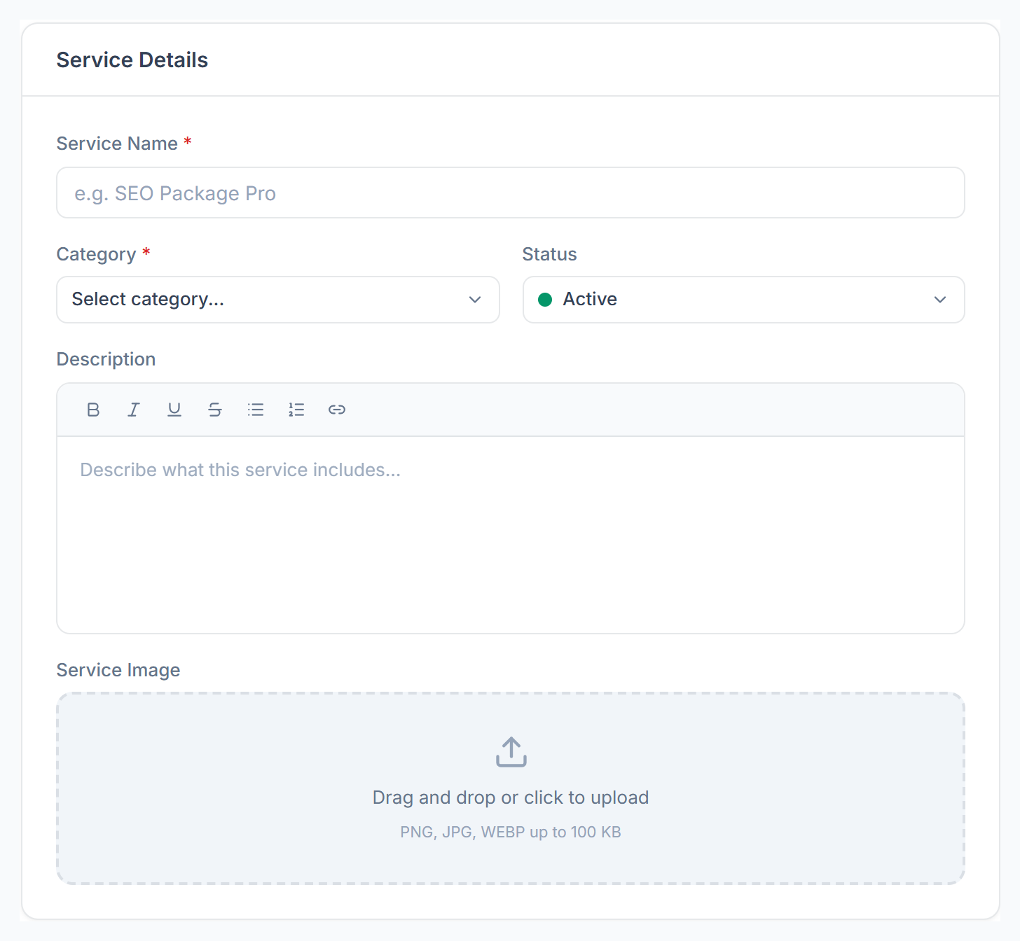 Service Details: name, category, status, description and image