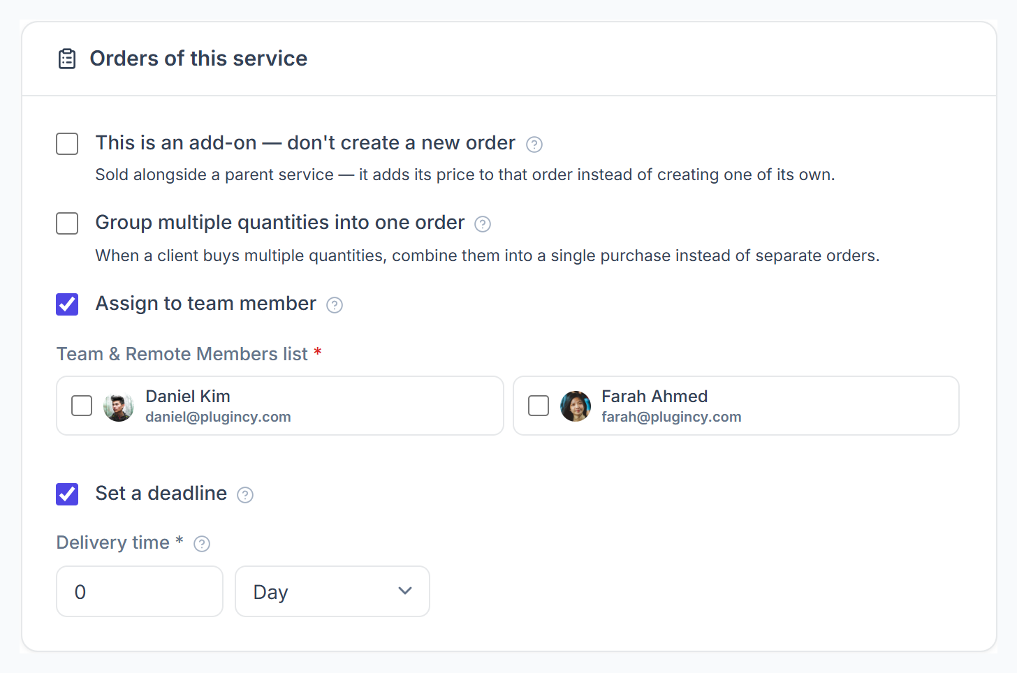 Orders of this service: add-on, group quantities, assign to team member and set a deadline