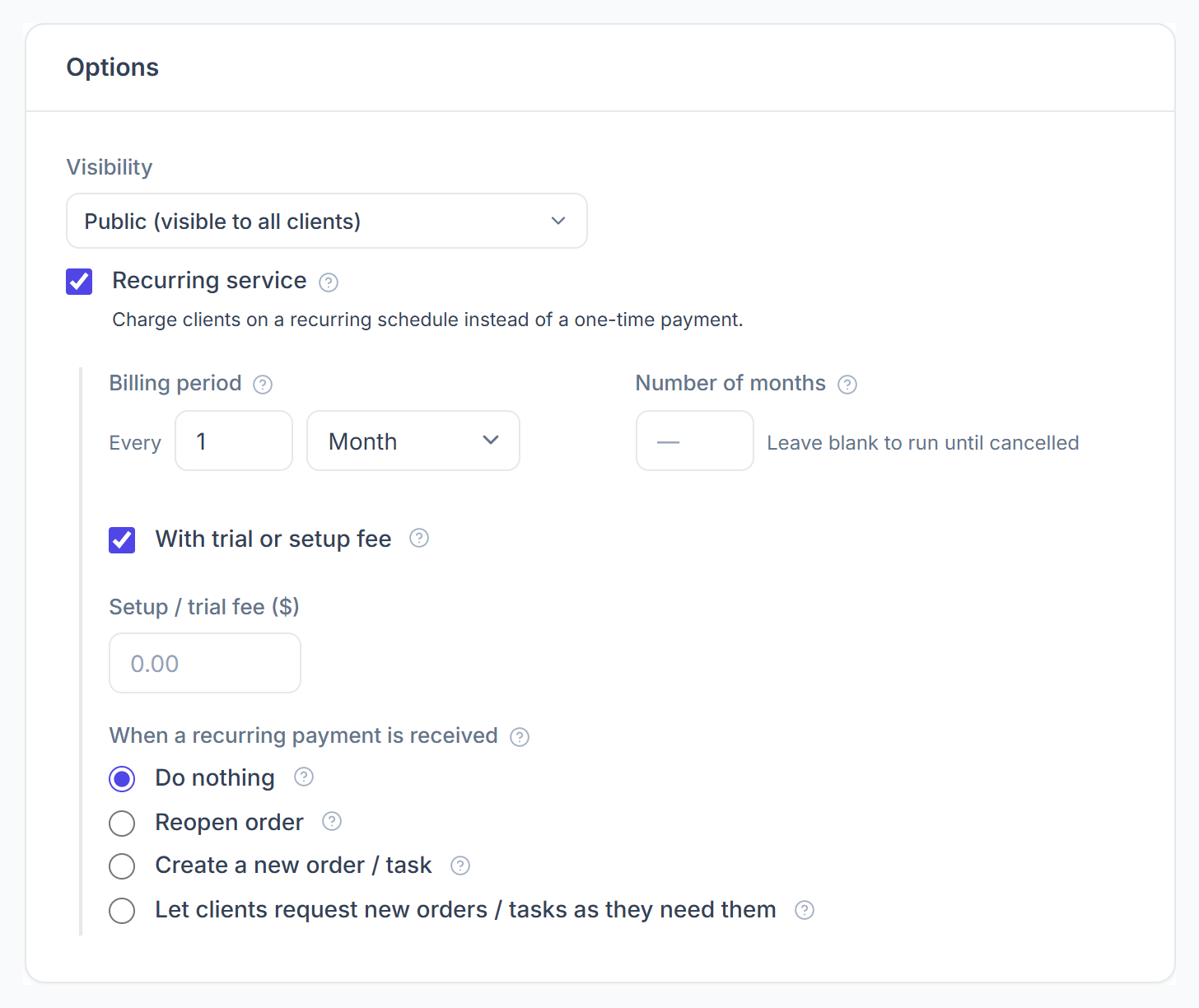 Options with Recurring service, billing period, number of months, setup fee and what happens when a recurring payment is received