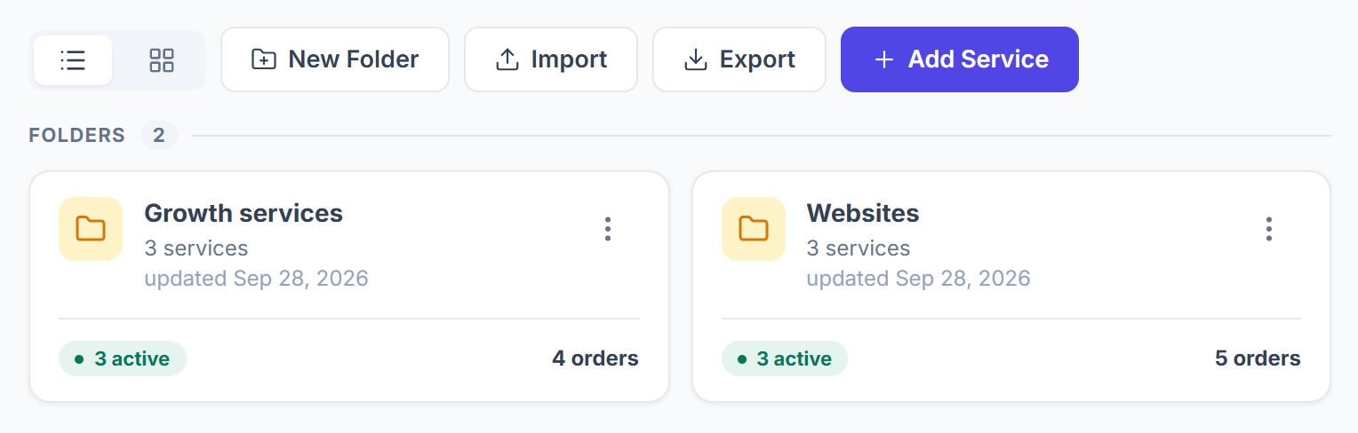 Services page buttons New Folder, Import, Export and Add Service, with the folder cards