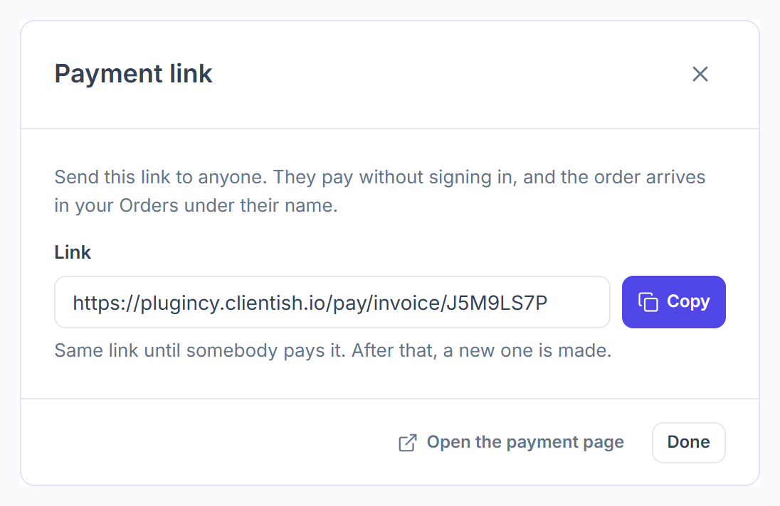 Payment link dialog with the link, Copy and Open the payment page