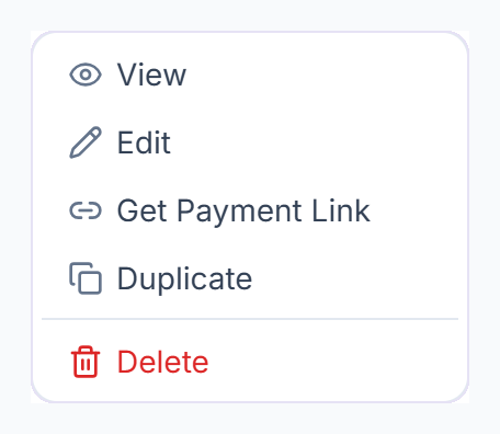 Service menu with View, Edit, Get Payment Link, Duplicate and Delete