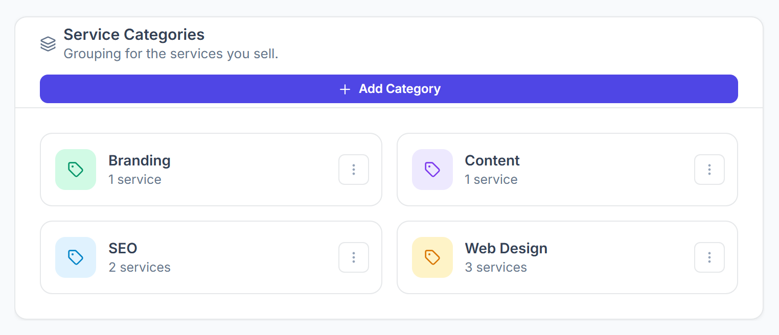 Service Categories settings with Add Category