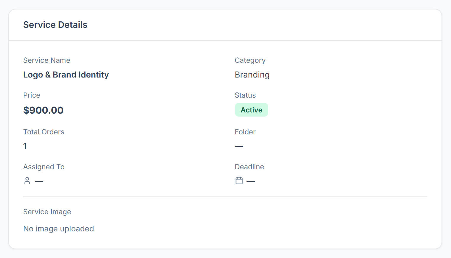 Service page details: name, category, price, status, orders, folder, assigned to and deadline