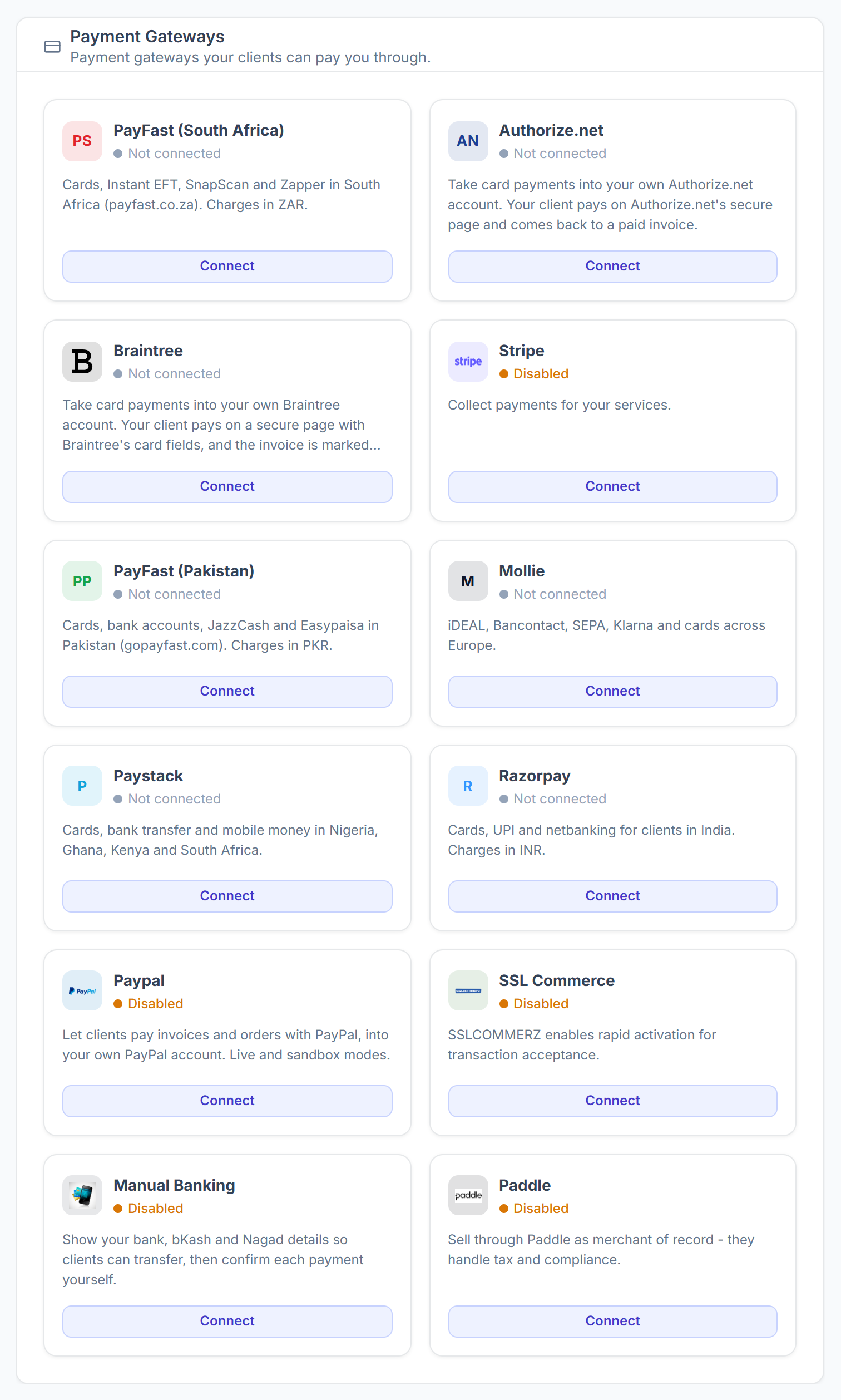 Payment Gateways with each gateway's status and Connect button