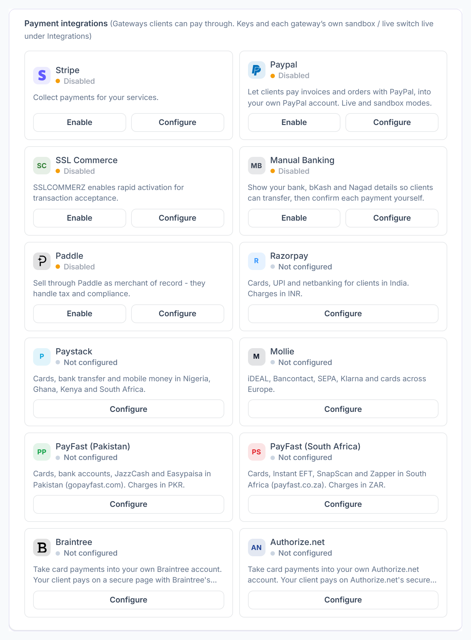 Payment integrations with Enable and Configure for each gateway