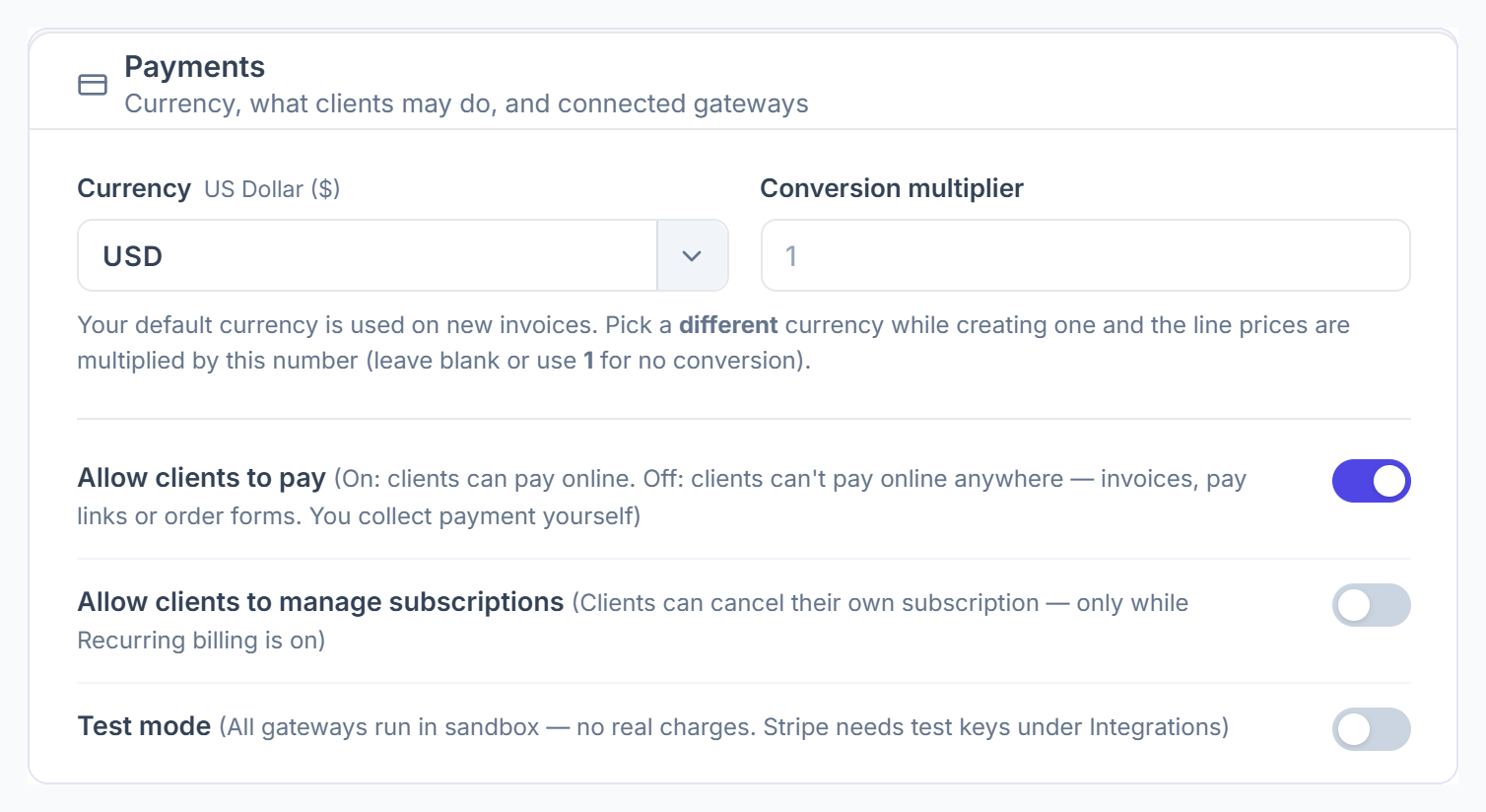 Payments card: currency, conversion multiplier, Allow clients to pay, Allow clients to manage subscriptions and Test mode