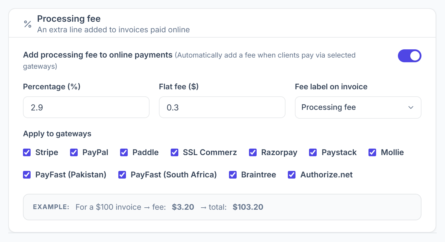 Processing fee: percentage, flat fee, label, gateways and an example