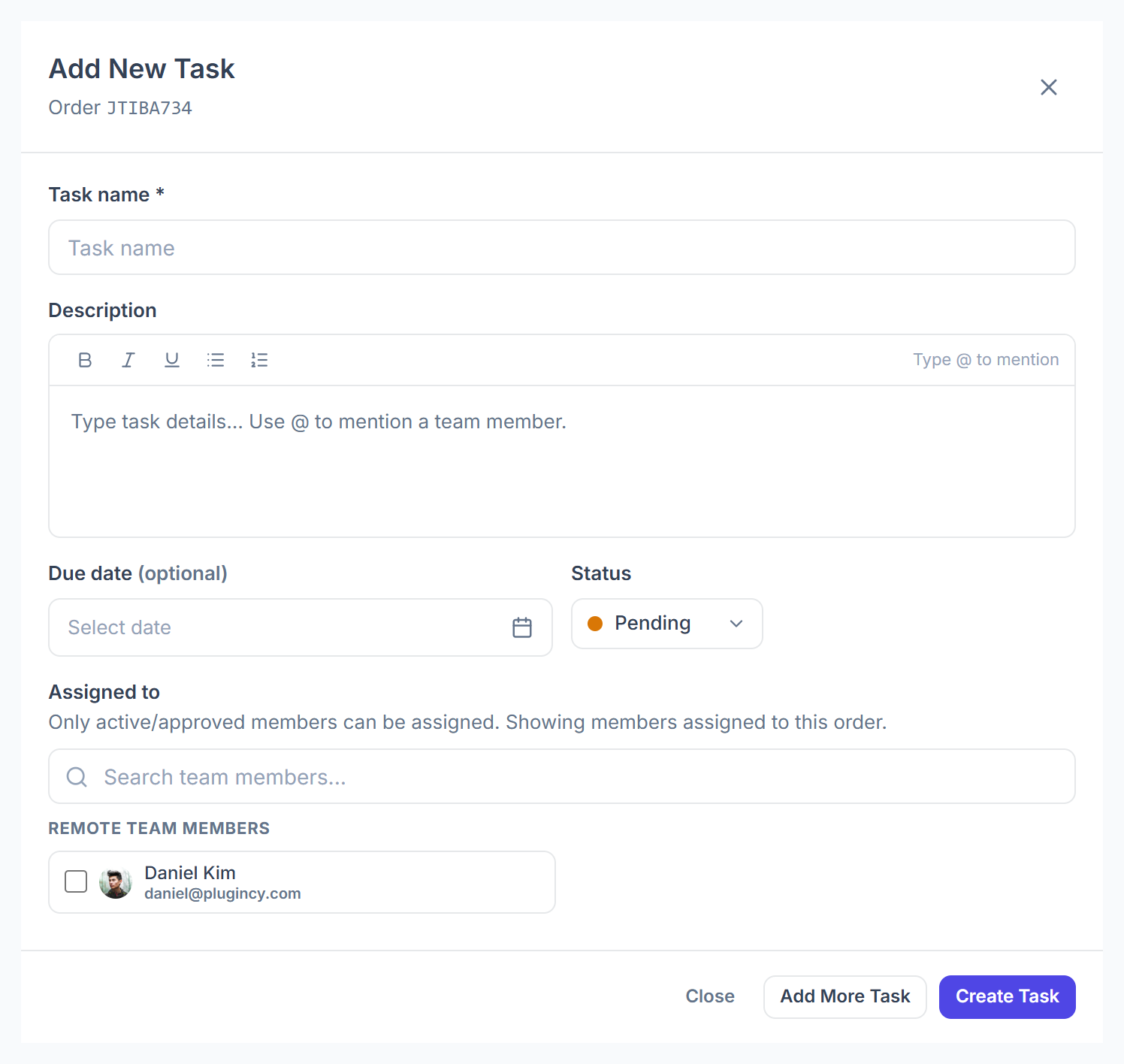 Add New Task dialog with name, description, due date, status and assigned to