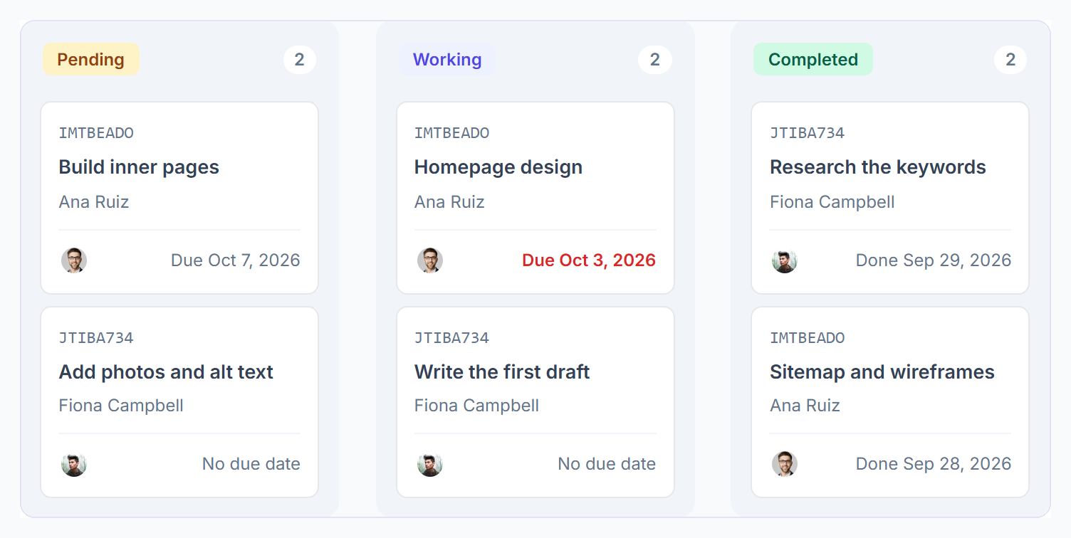 Order Tasks Kanban board with Pending, Working and Completed columns