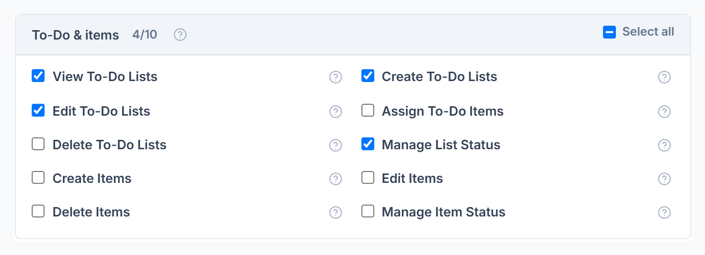 To-Do and items permissions in Roles & Permissions