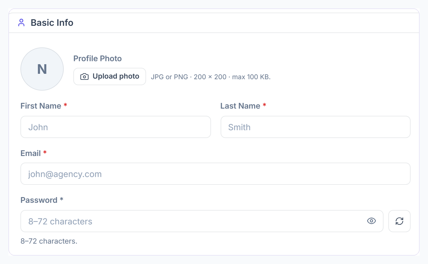 Add team member, Basic Info: photo, name, email and password