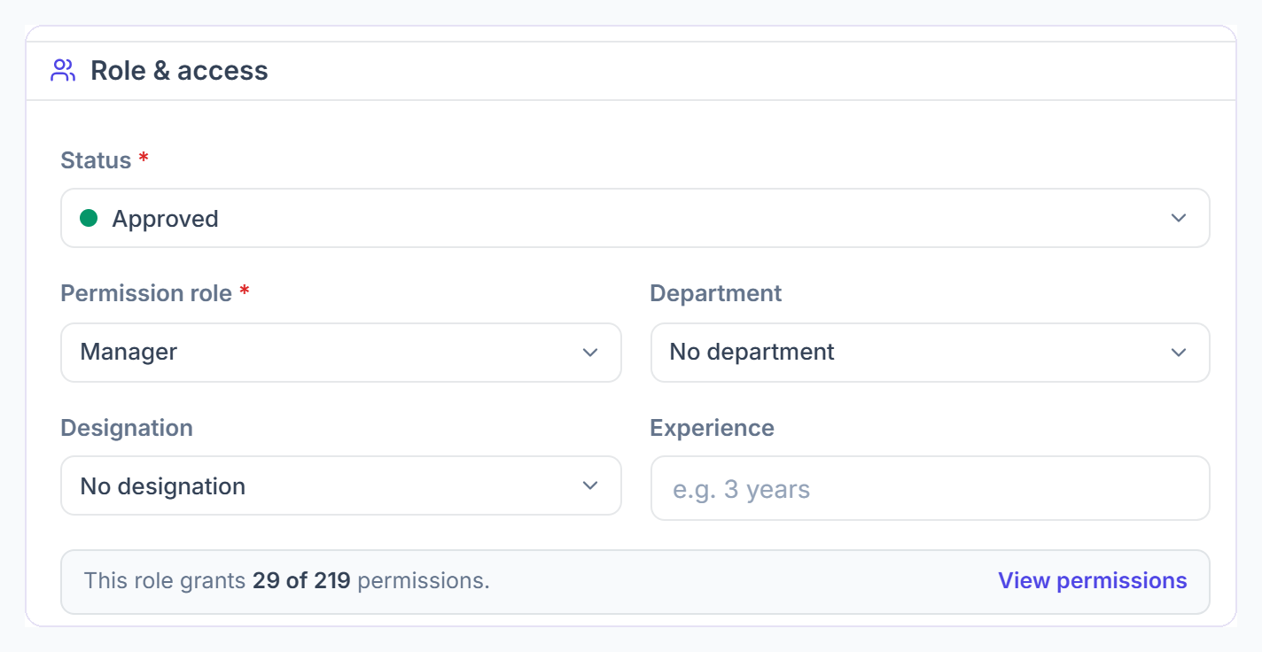 Add team member, Role and access: status, permission role, department, designation and experience